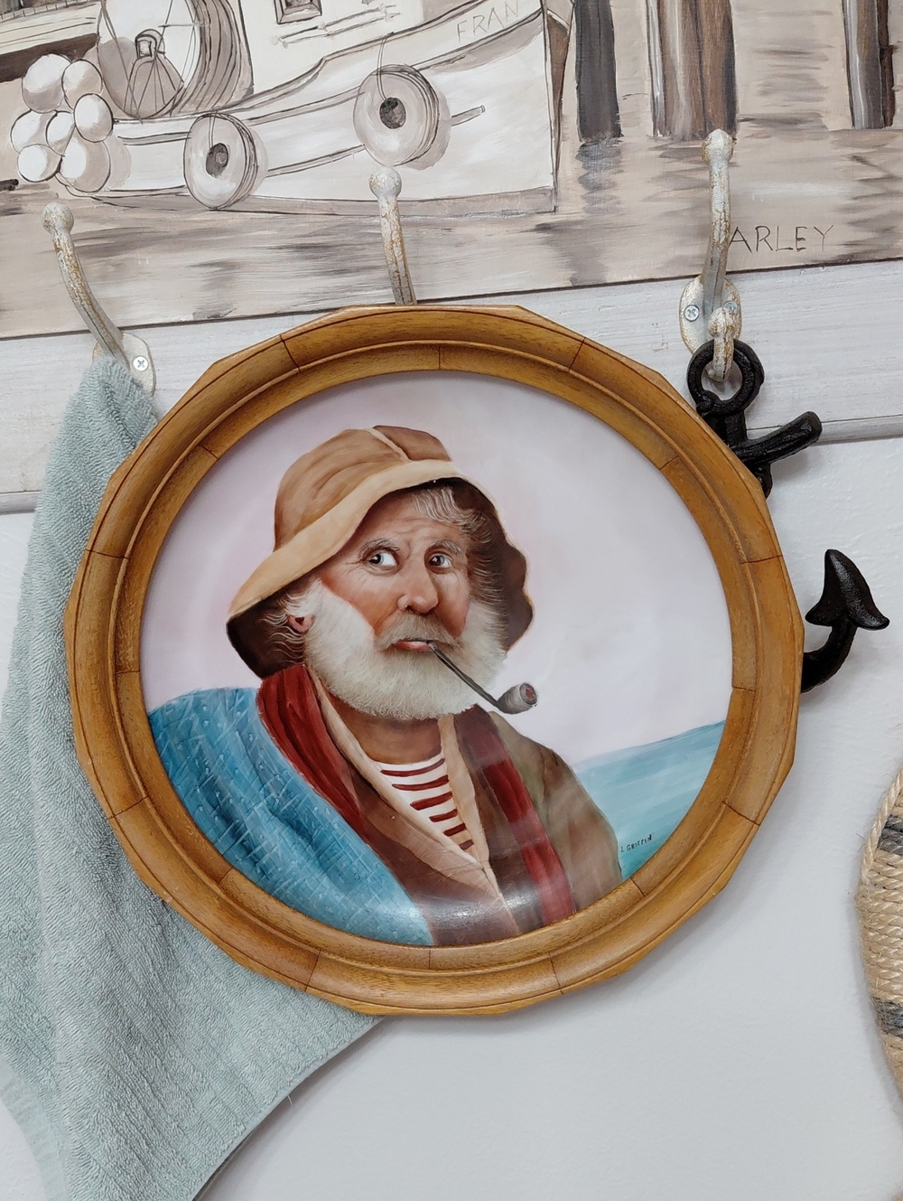 Vintage Sea Captain Fisherman Decorative Hand-Painted Framed Art